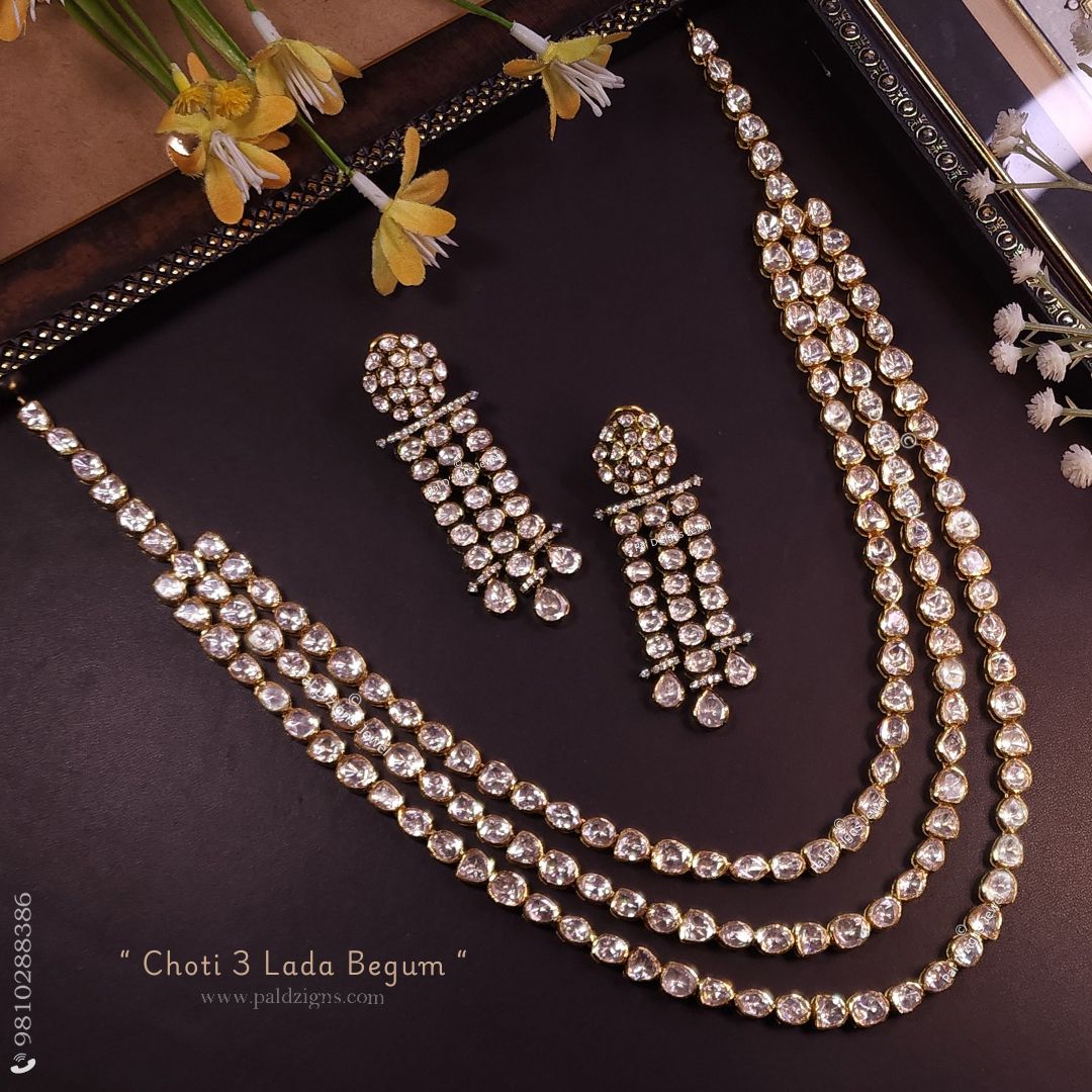Choti 3 Lada Begum Moissanite Polki Long Necklace Set