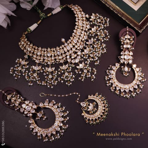 Meenakshi Phoolara Moissanite Polki Necklace Set And Tikka Combo