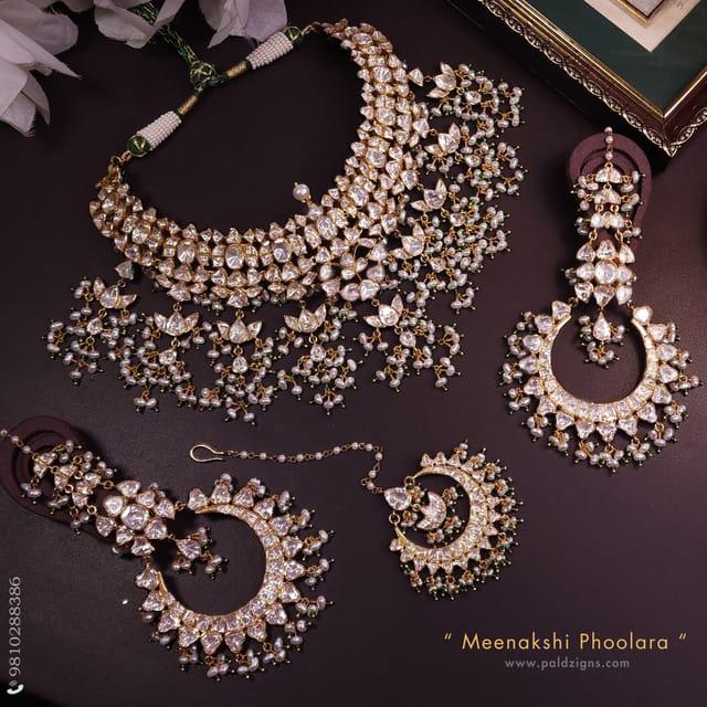 Meenakshi Phoolara Moissanite Polki Necklace Set And Tikka Combo