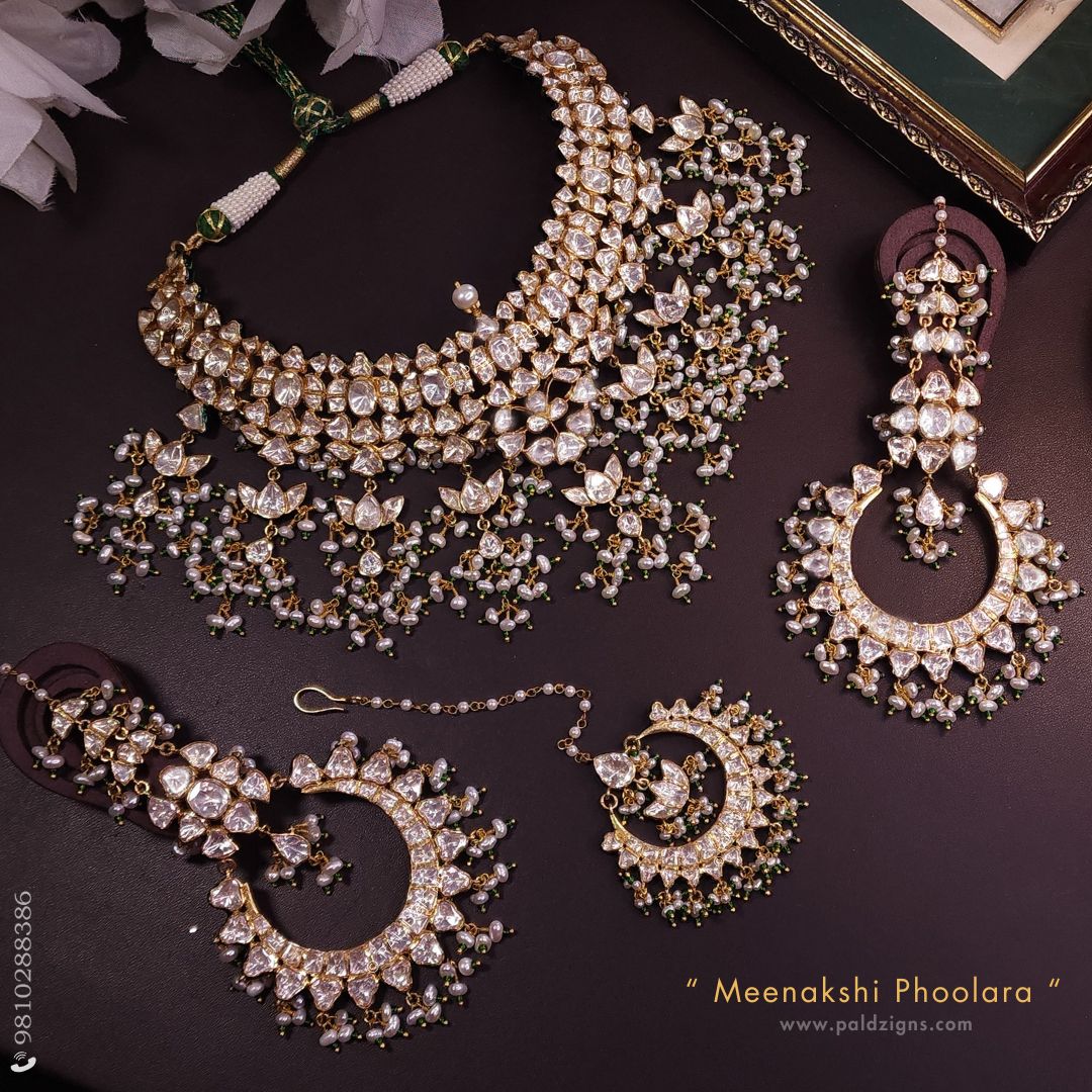 Meenakshi Phoolara Moissanite Polki Necklace Set And Tikka Combo