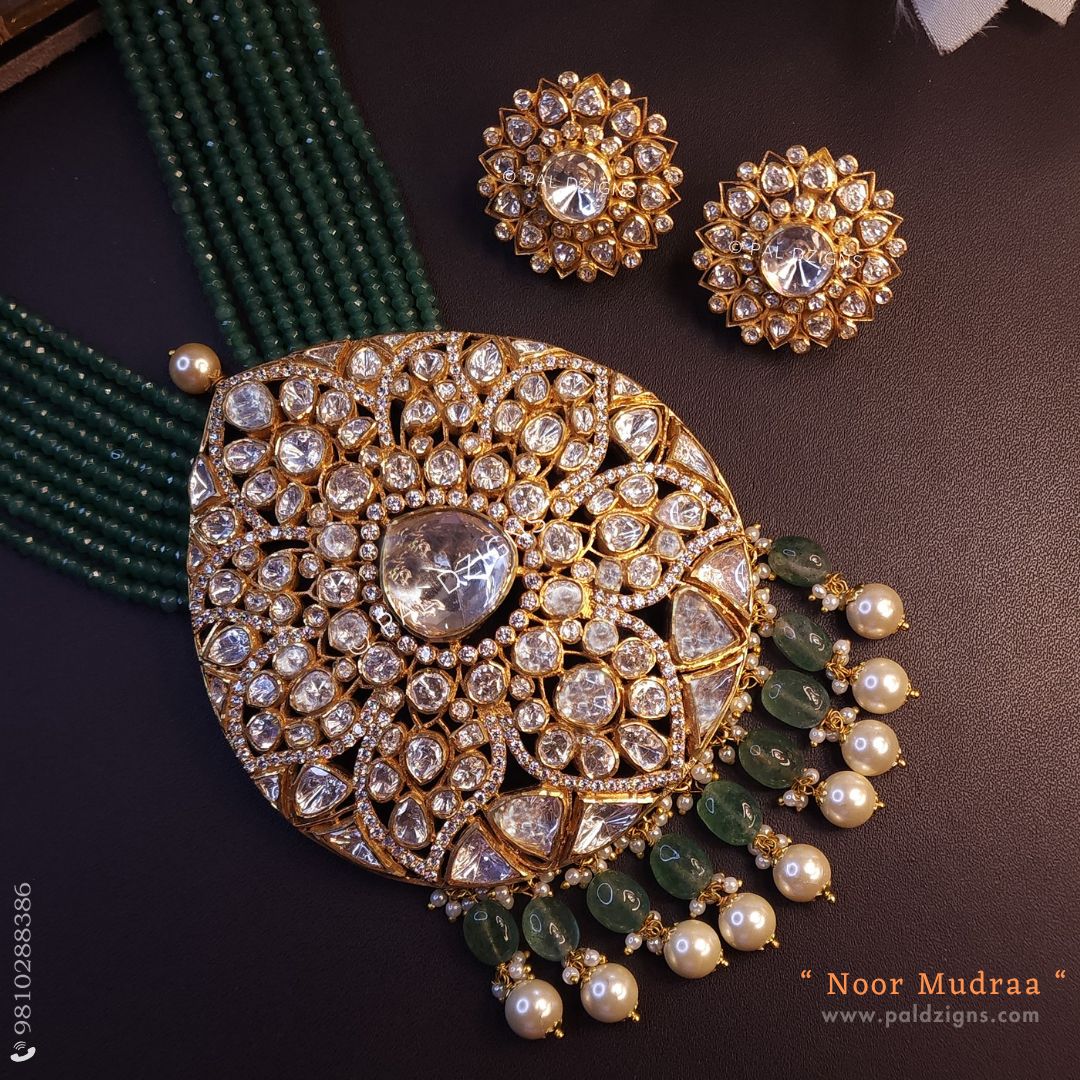 Noor Mudraa Gold Moissanite Polki Long Pendant Set