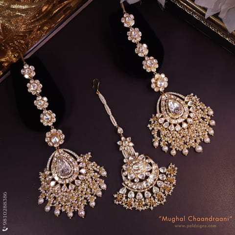 Mughal Chaandraani Moissanite Polki Earrings  And Tikka Combo