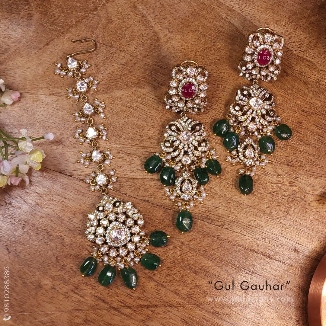 Gul Gauhar Moissanite Polki Earrings And Tikka Combo