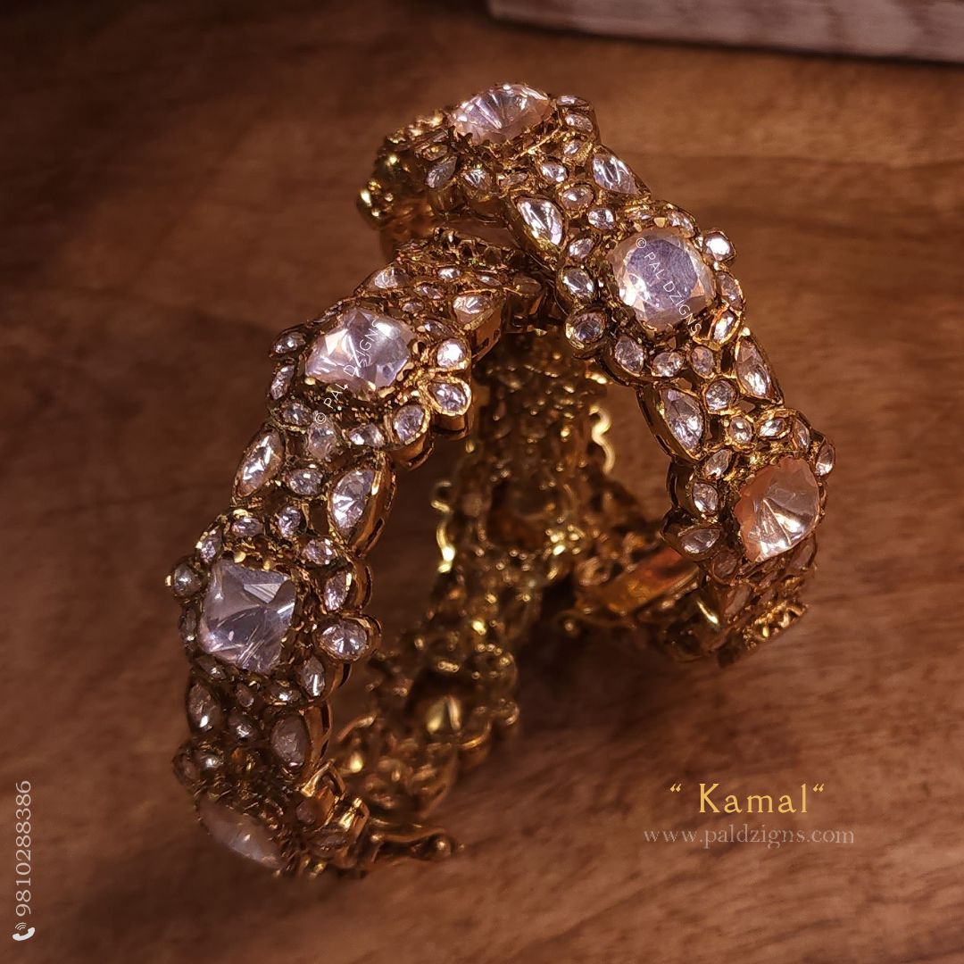 Kamal Antique 2-8" Size Moissanite Polki Bangles (Pair)