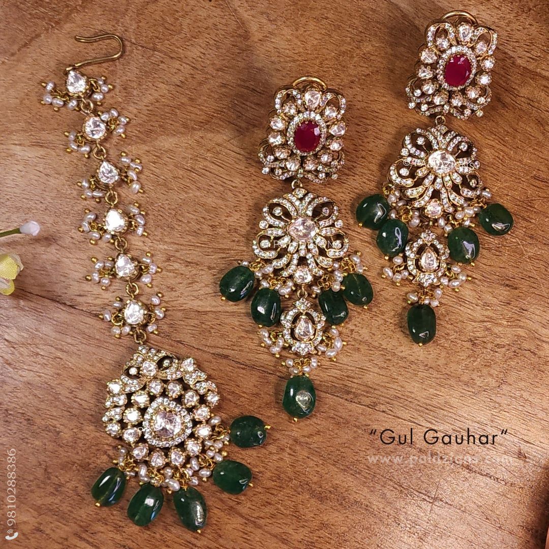 Gul Gauhar Moissanite Polki Earrings And Tikka Combo