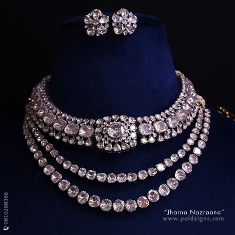 Jharna Nazraana (White) Moissanite Polki Combo Necklace Set Jharna Nazraana (White) Moissanite Polki Combo Necklace Set