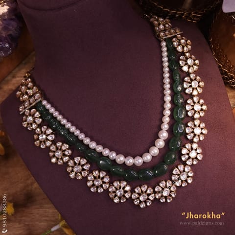 Jharokha In 3 Layers Moissanite Polki Long Necklace