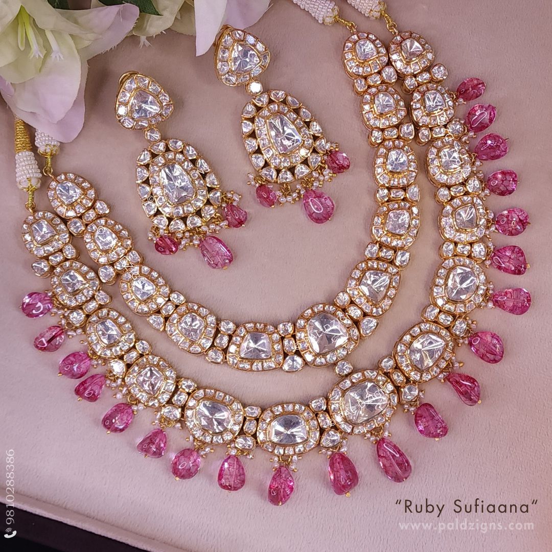 Ruby Sufiaana Detachable Moissanite Polki Necklace Set