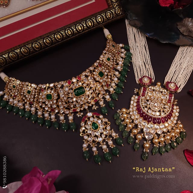 Raj Ajantaa Moissanite Polki Long Necklace Set Combo