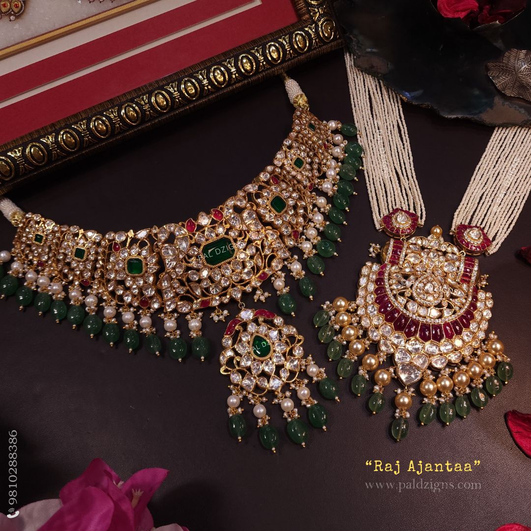 Raj Ajantaa Moissanite Polki Long Necklace Set Combo